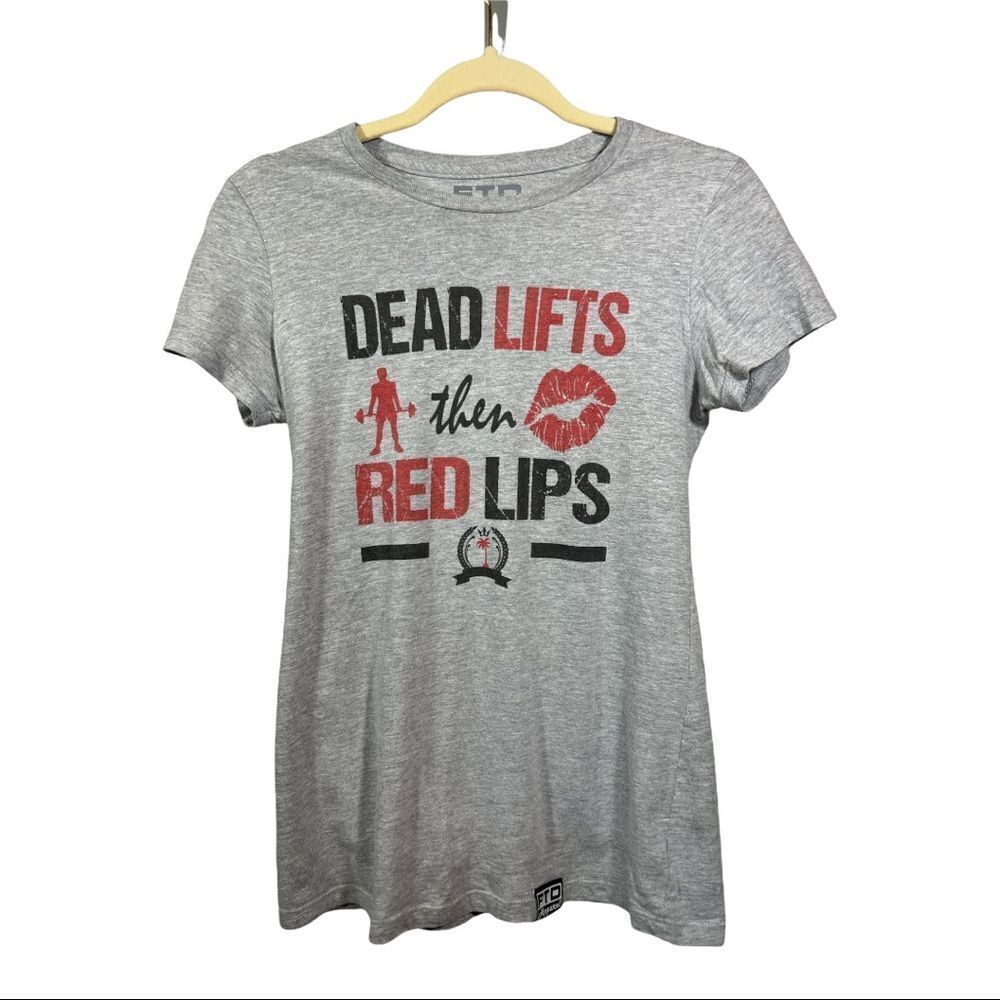 FTD APPAREL Women’s Dead Lifts Then Red Lips Cotton Tee Shirt Gray Size Medium